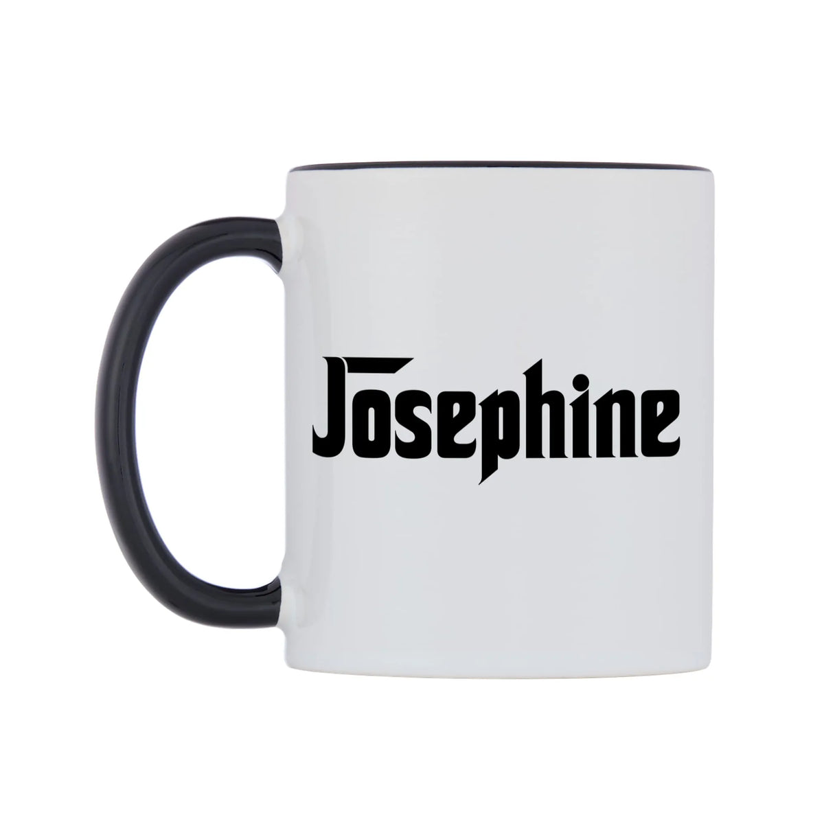 Josephine - Godfather Themed Mug — white 11oz gloss mug with a black inside and handle, right side, on a white background