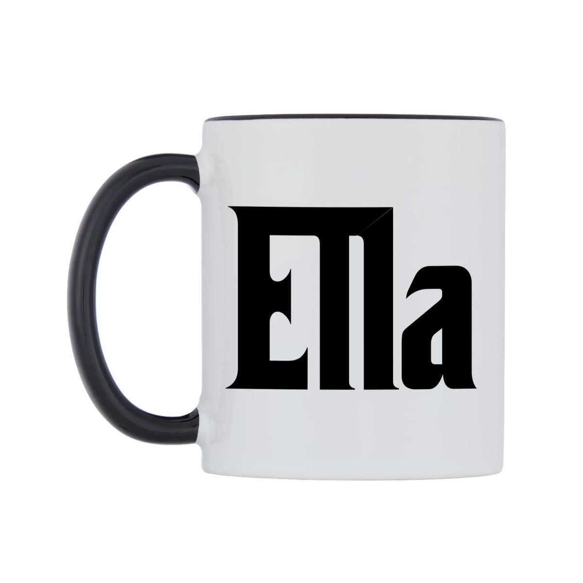 Ella - Godfather Themed Mug — white 11oz gloss mug with a black inside and handle, right side, on a white background