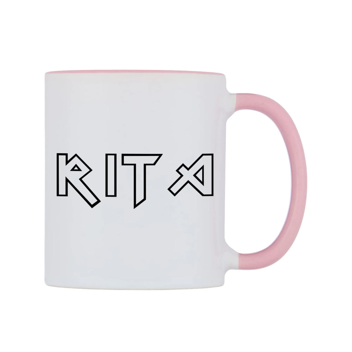 Rita - Iron Maiden Themed Mug — white 11oz gloss mug with a pink inside and handle, left side, on a white background