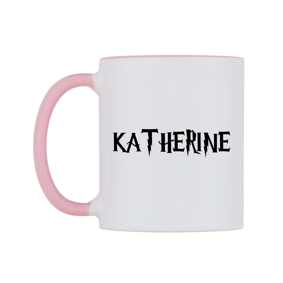 Katherine - Wizard Themed Mug — white 11oz gloss mug with a pink inside and handle, right side, on a white background
