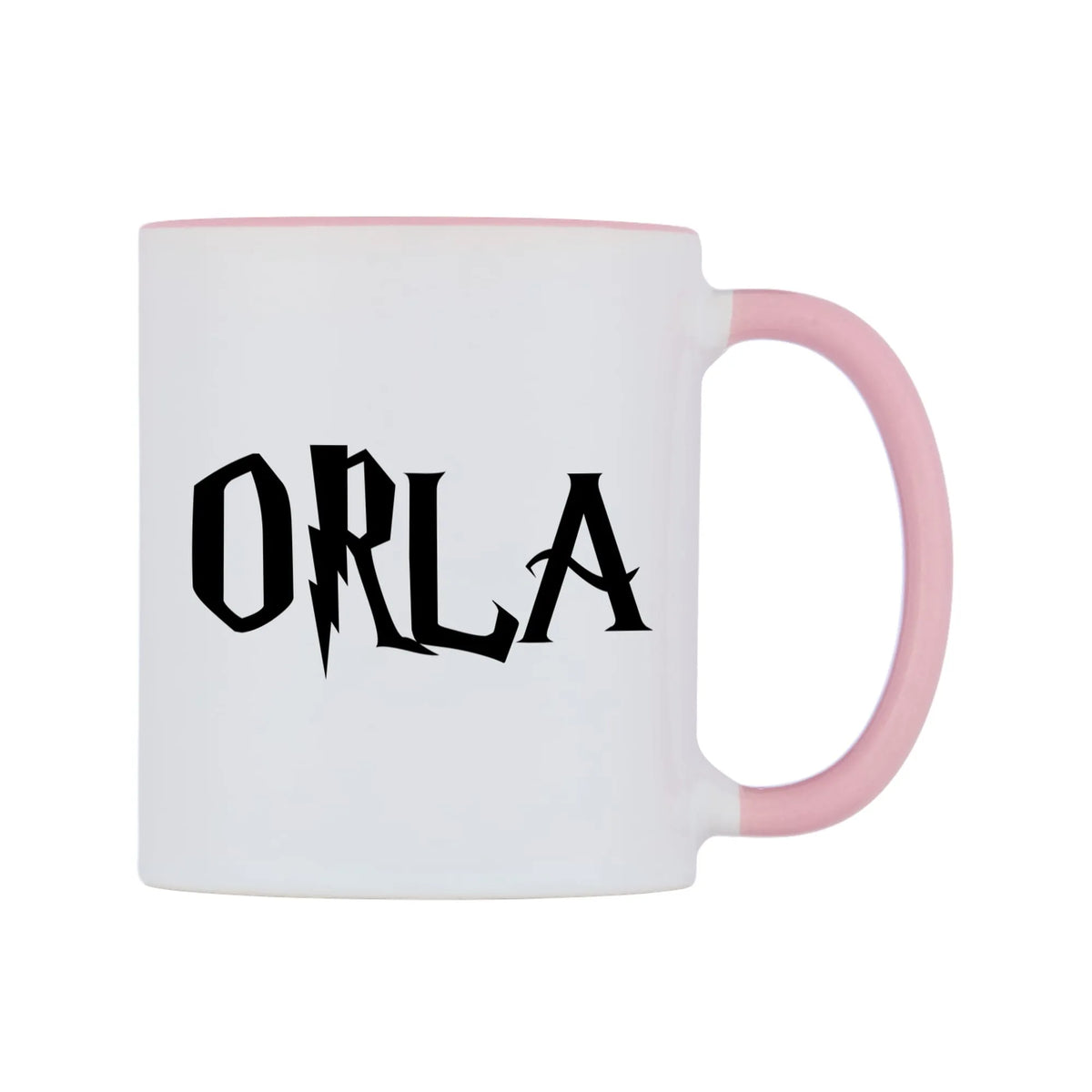 Orla - Wizard Themed Mug — white 11oz gloss mug with a pink inside and handle, left side, on a white background