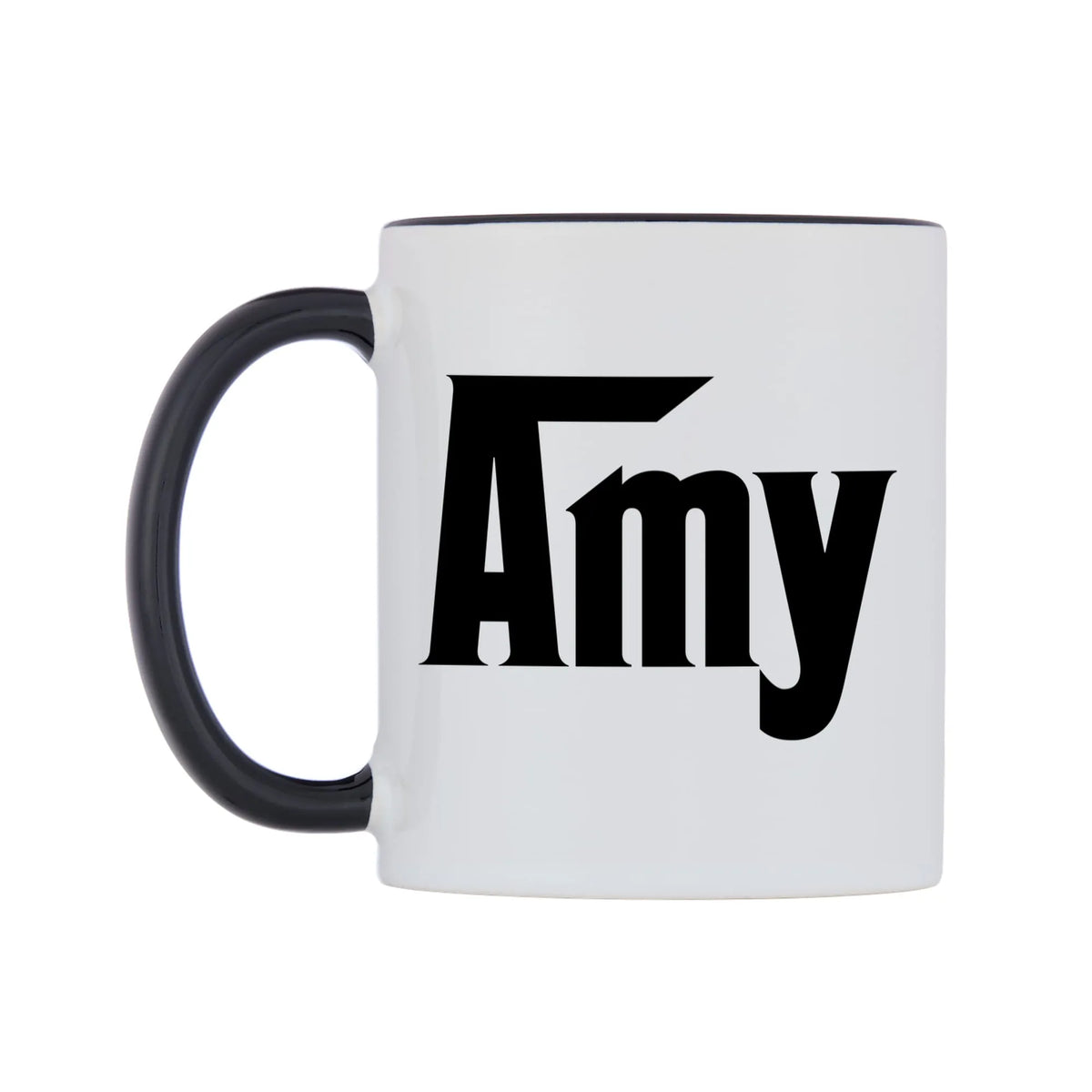 Amy - Godfather Themed Mug — white 11oz gloss mug with a black inside and handle, right side, on a white background