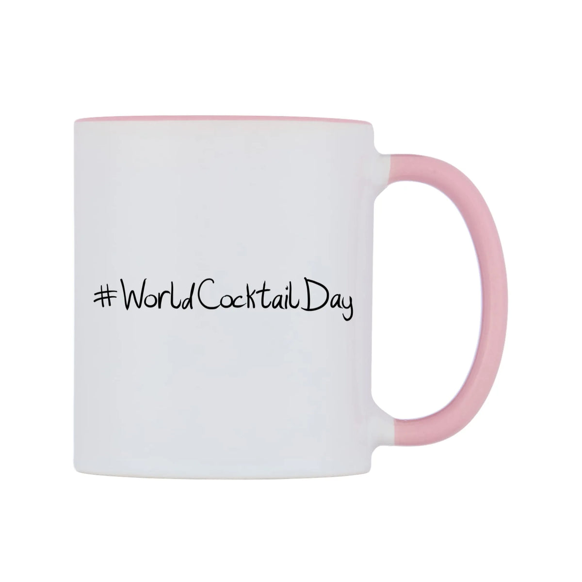 WorldCocktailDay Mug — white 11oz gloss mug with a pink inside and handle, left side, on a white background