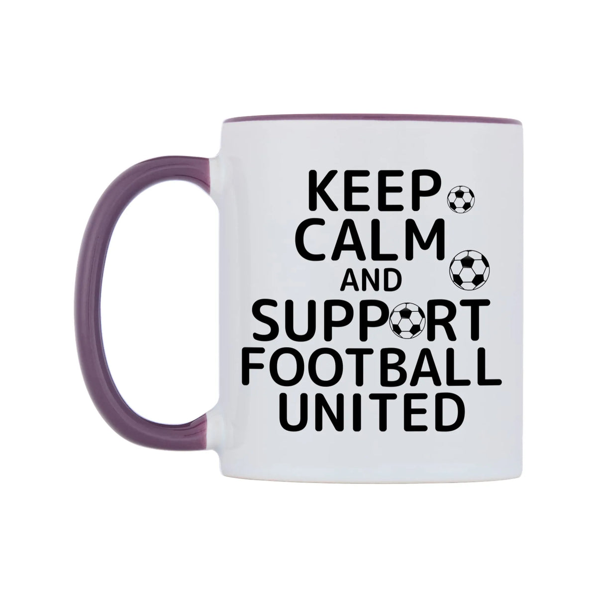 Keep Calm And Support Personalised Team Mug — white 11oz gloss mug with a purple inside and handle, right side, on a white background