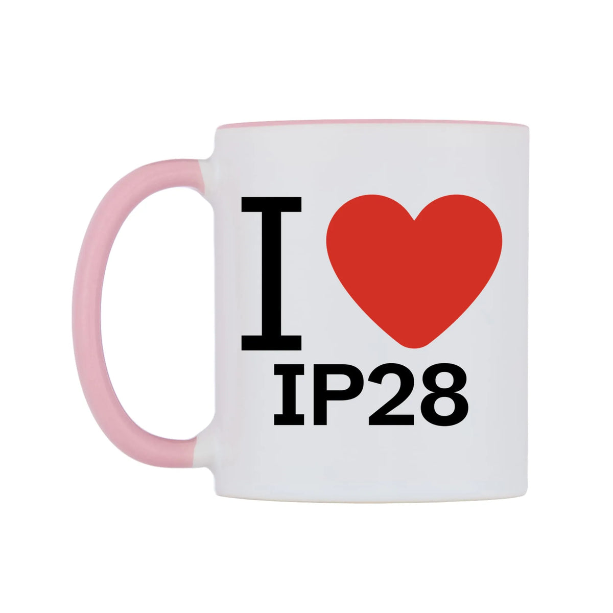 I Love IP28 Mug — white 11oz gloss mug with a pink inside and handle, right side, on a white background