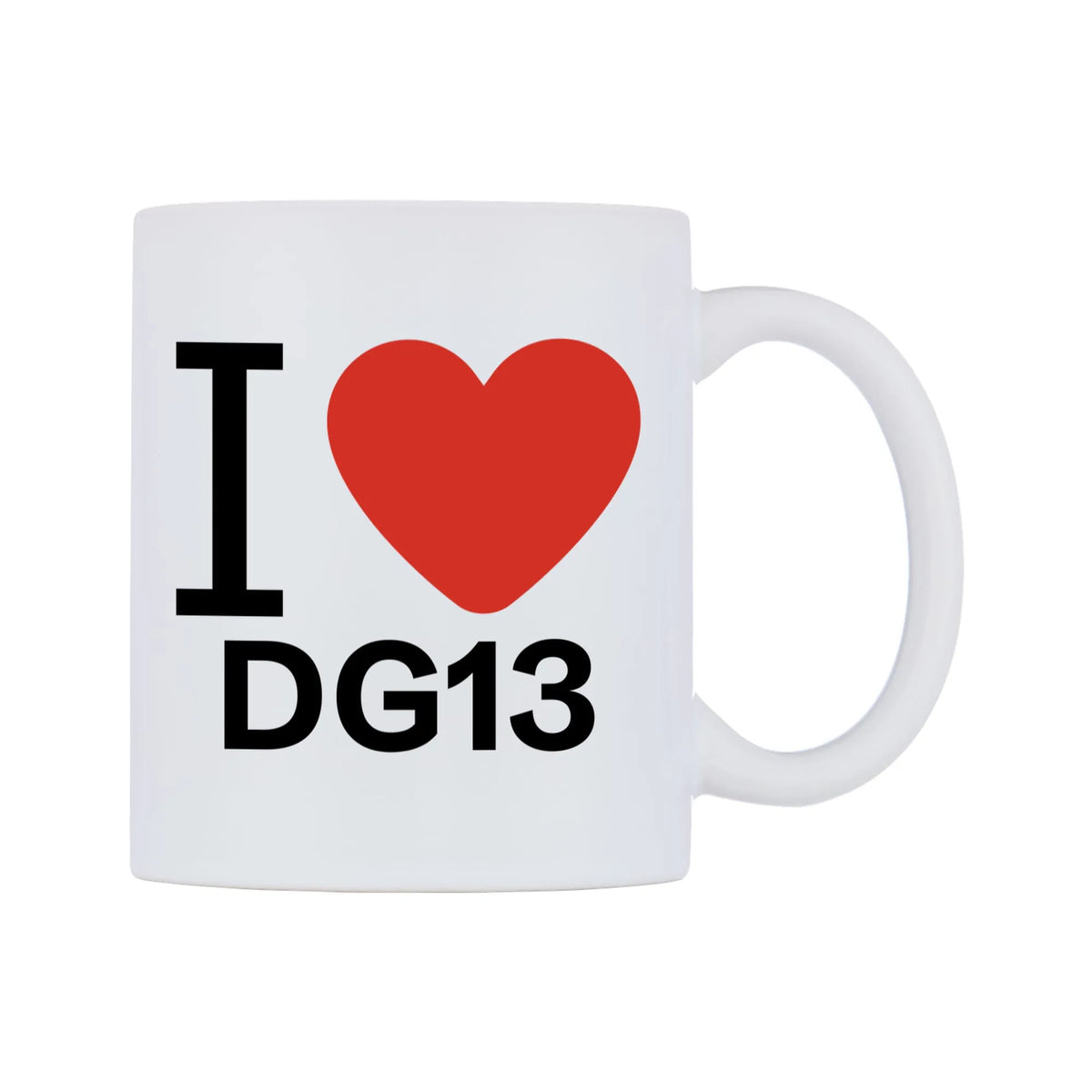I Love DG13 Mug — white 11oz gloss mug, left side, on a white background