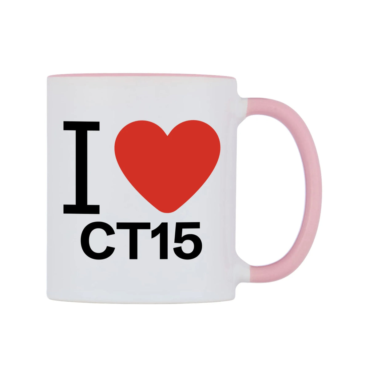 I Love CT15 Mug — white 11oz gloss mug with a pink inside and handle, left side, on a white background