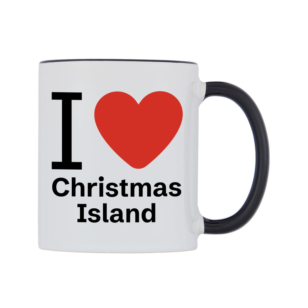 I Love Christmas Island Mug — white 11oz gloss mug with a black inside and handle, left side, on a white background