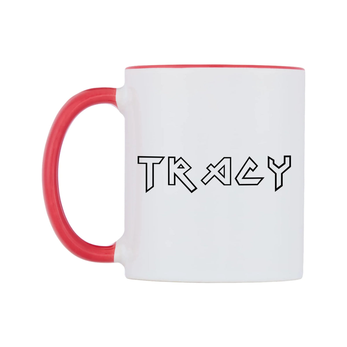 Tracy - Iron Maiden Themed Mug — white 11oz gloss mug with a red inside and handle, right side, on a white background