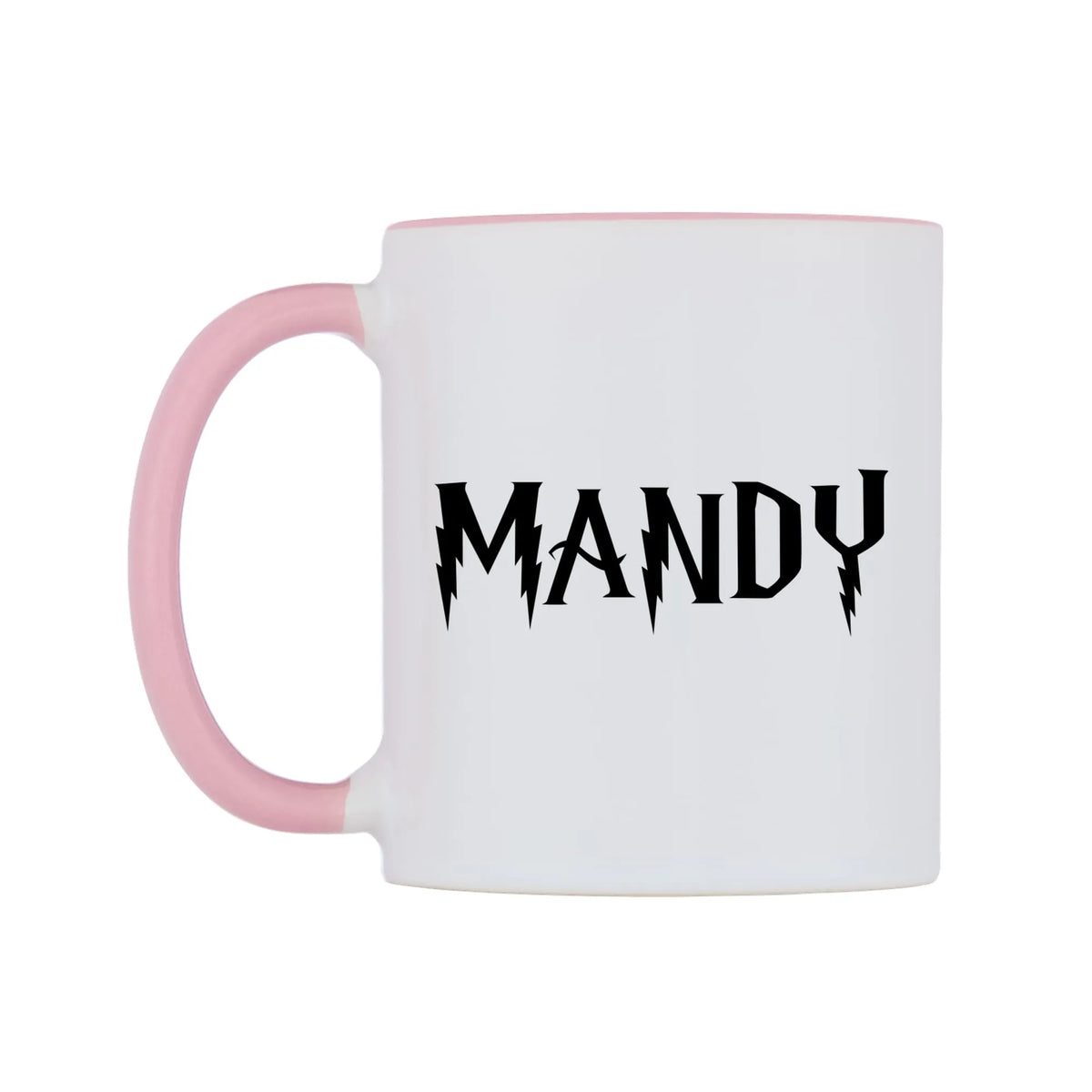 Mandy - Wizard Themed Mug — white 11oz gloss mug with a pink inside and handle, right side, on a white background