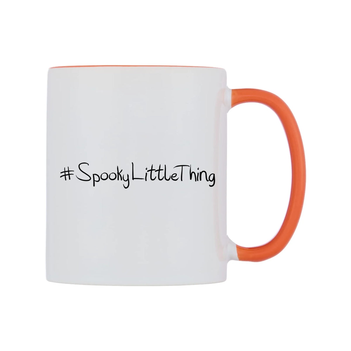 SpookyLittleThing Mug — white 11oz gloss mug with a orange inside and handle, left side, on a white background