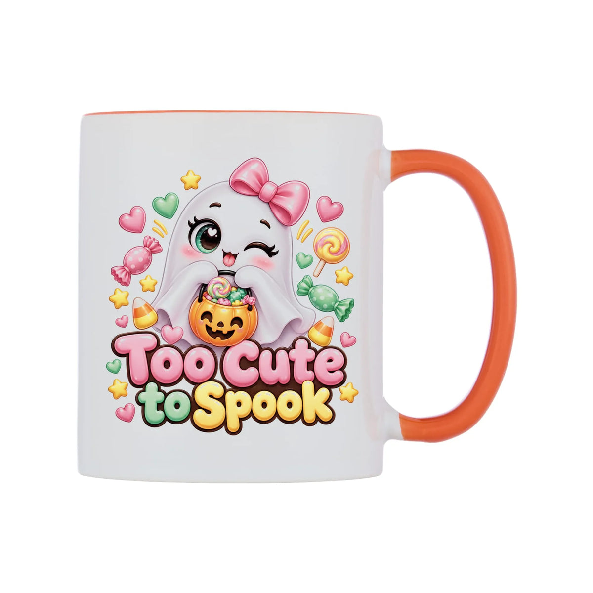 Too Cute to Spook Mug — white 11oz gloss mug with a orange inside and handle, left side, on a white background