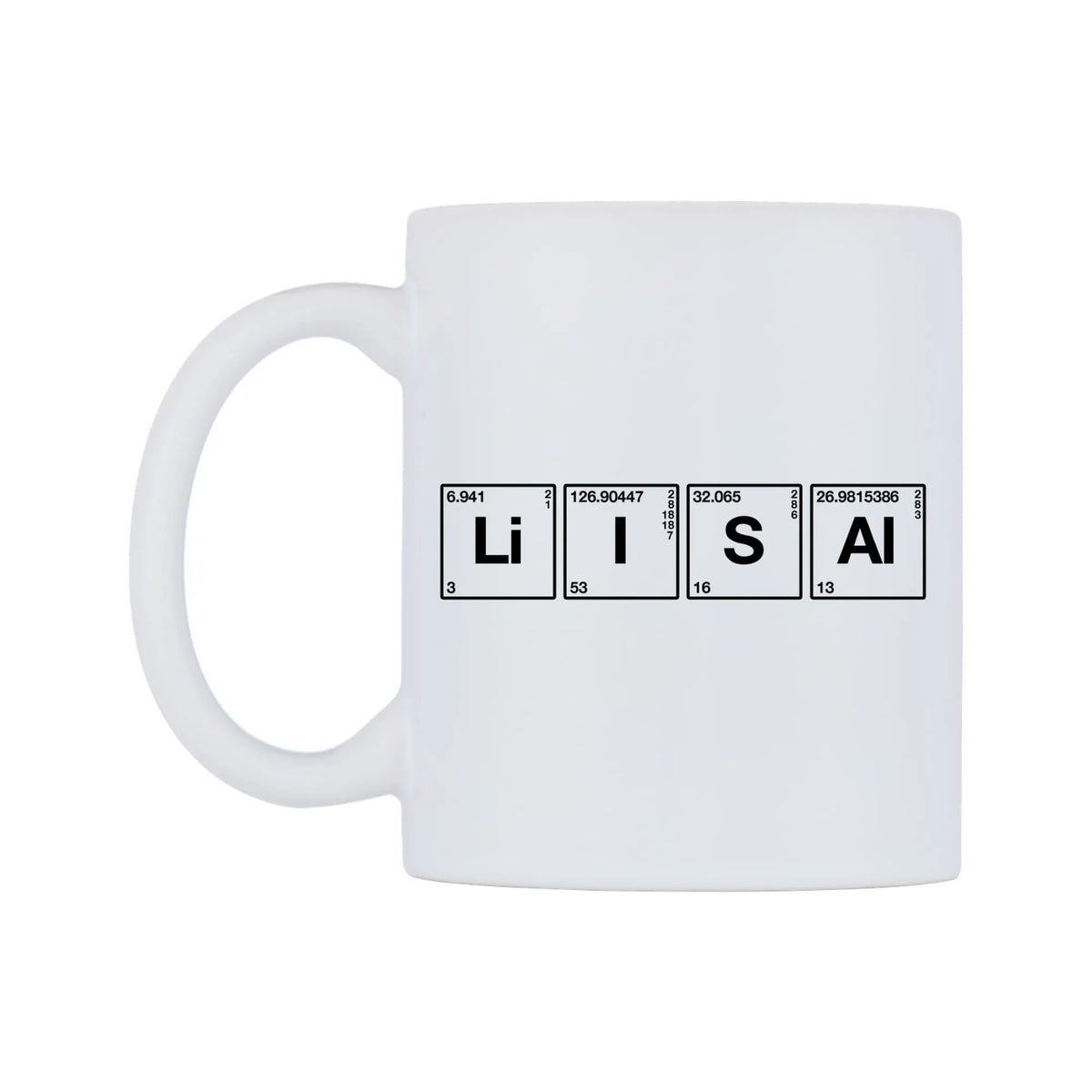Lisa - Chemistry Themed Mug — mug, right side, on a white background