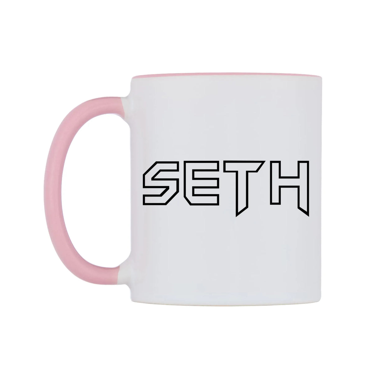 Seth - Iron Maiden Themed Mug — white 11oz gloss mug with a pink inside and handle, right side, on a white background