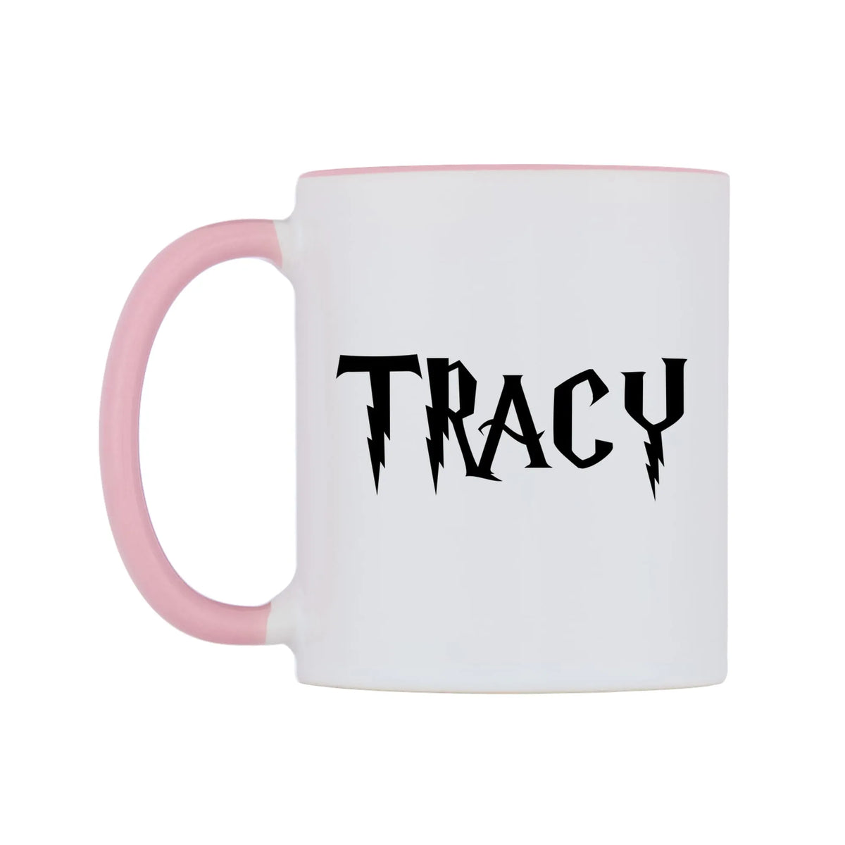 Tracy - Wizard Themed Mug — white 11oz gloss mug with a pink inside and handle, right side, on a white background