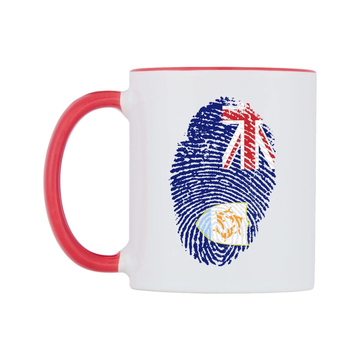 Anguilla Finger Print Flag Mug — white 11oz gloss mug with a red inside and handle, right side, on a white background