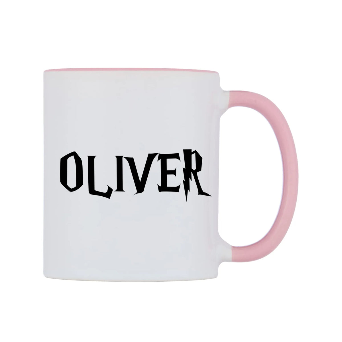 Oliver - Wizard Themed Mug — white 11oz gloss mug with a pink inside and handle, left side, on a white background