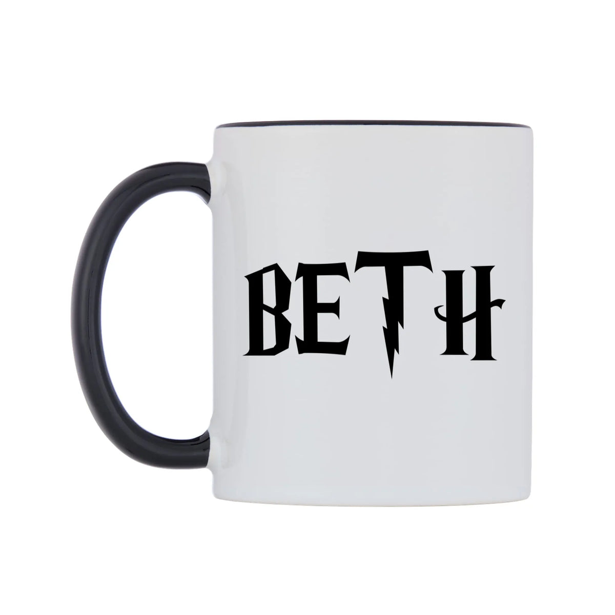 Beth - Wizard Themed Mug — white 11oz gloss mug with a black inside and handle, right side, on a white background