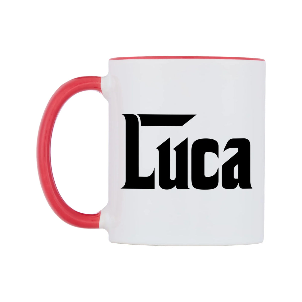 Luca - Godfather Themed Mug — white 11oz gloss mug with a red inside and handle, right side, on a white background