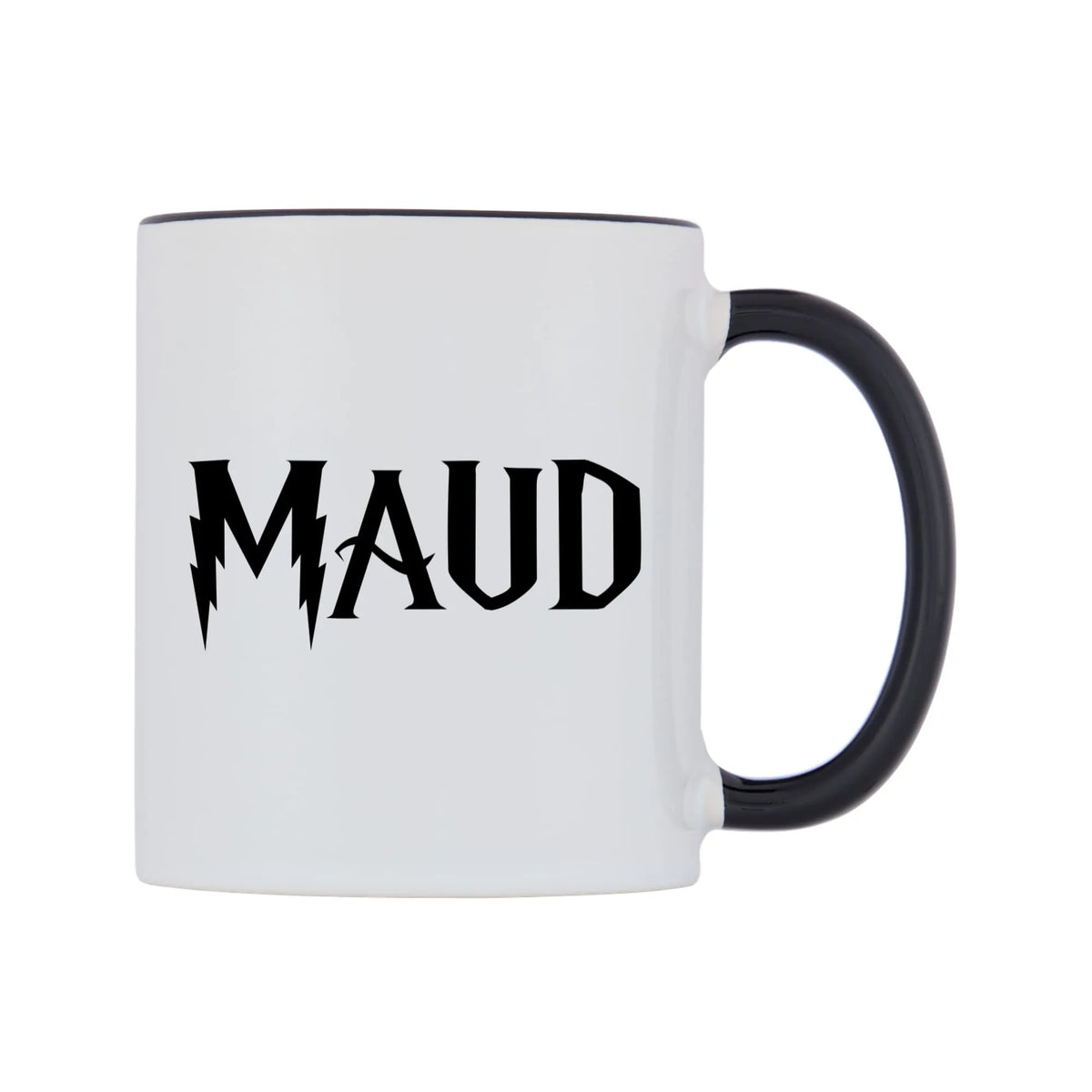 Maud - Wizard Themed Mug — white 11oz gloss mug with a black inside and handle, left side, on a white background