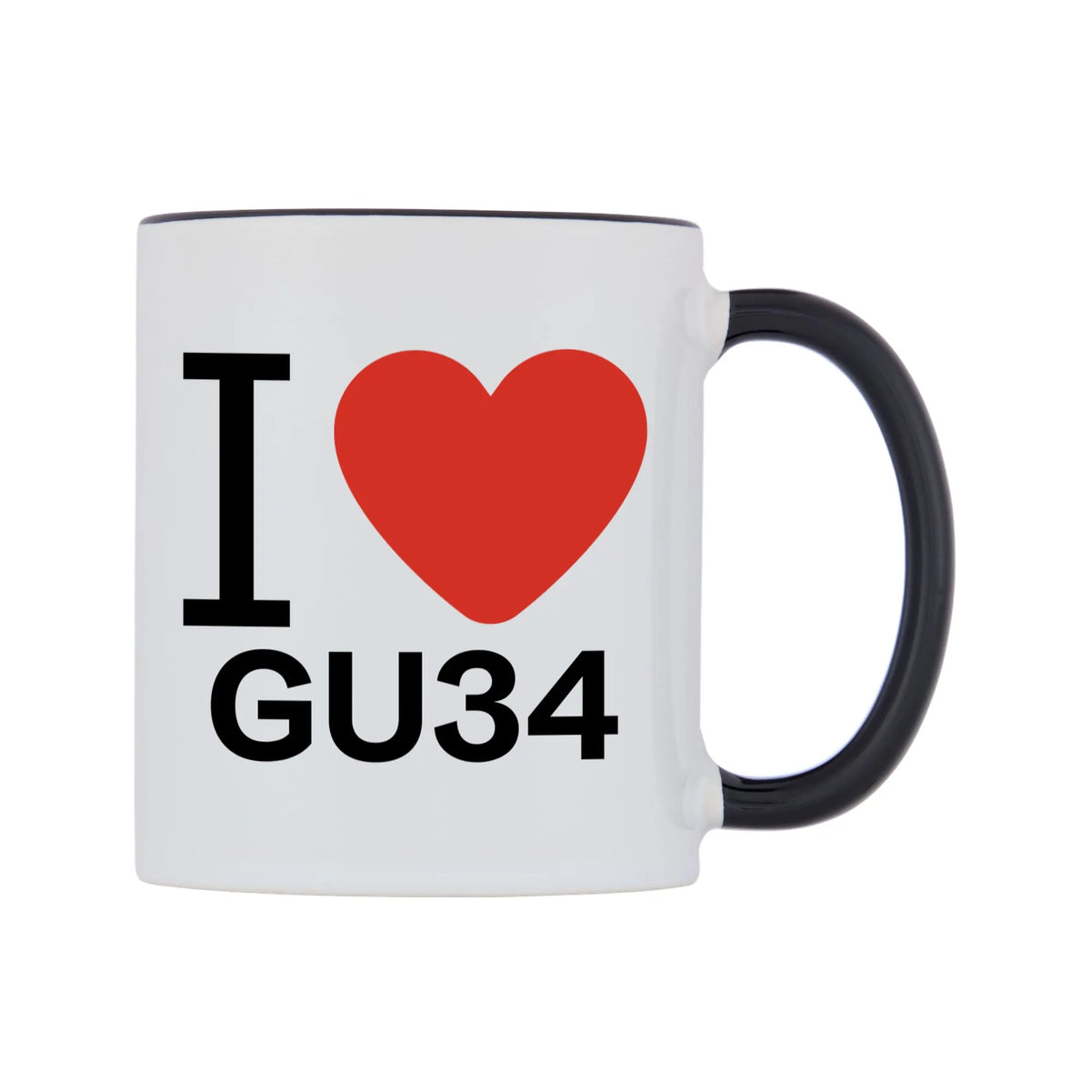 I Love GU34 Mug — white 11oz gloss mug with a black inside and handle, left side, on a white background