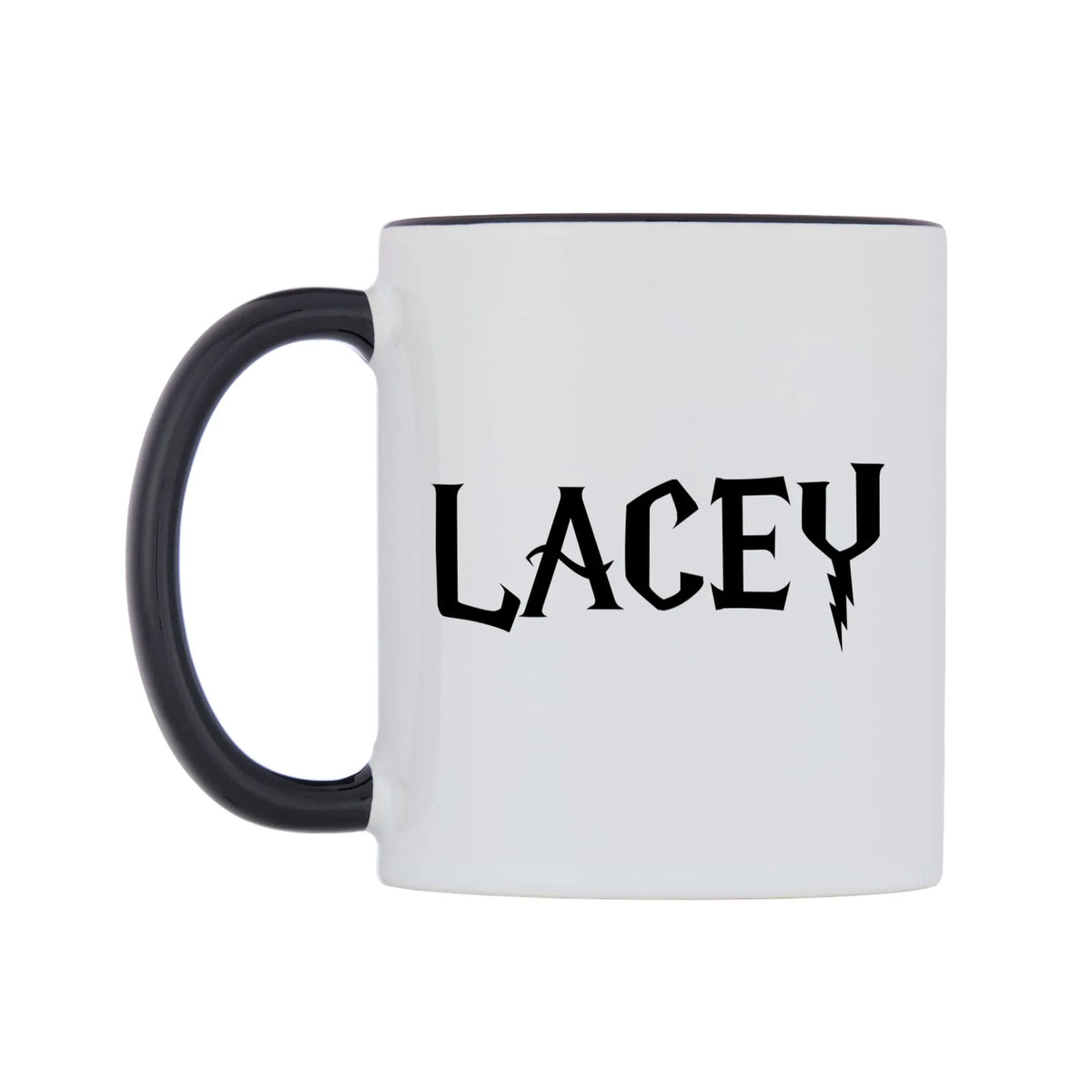 Lacey - Wizard Themed Mug — white 11oz gloss mug with a black inside and handle, right side, on a white background