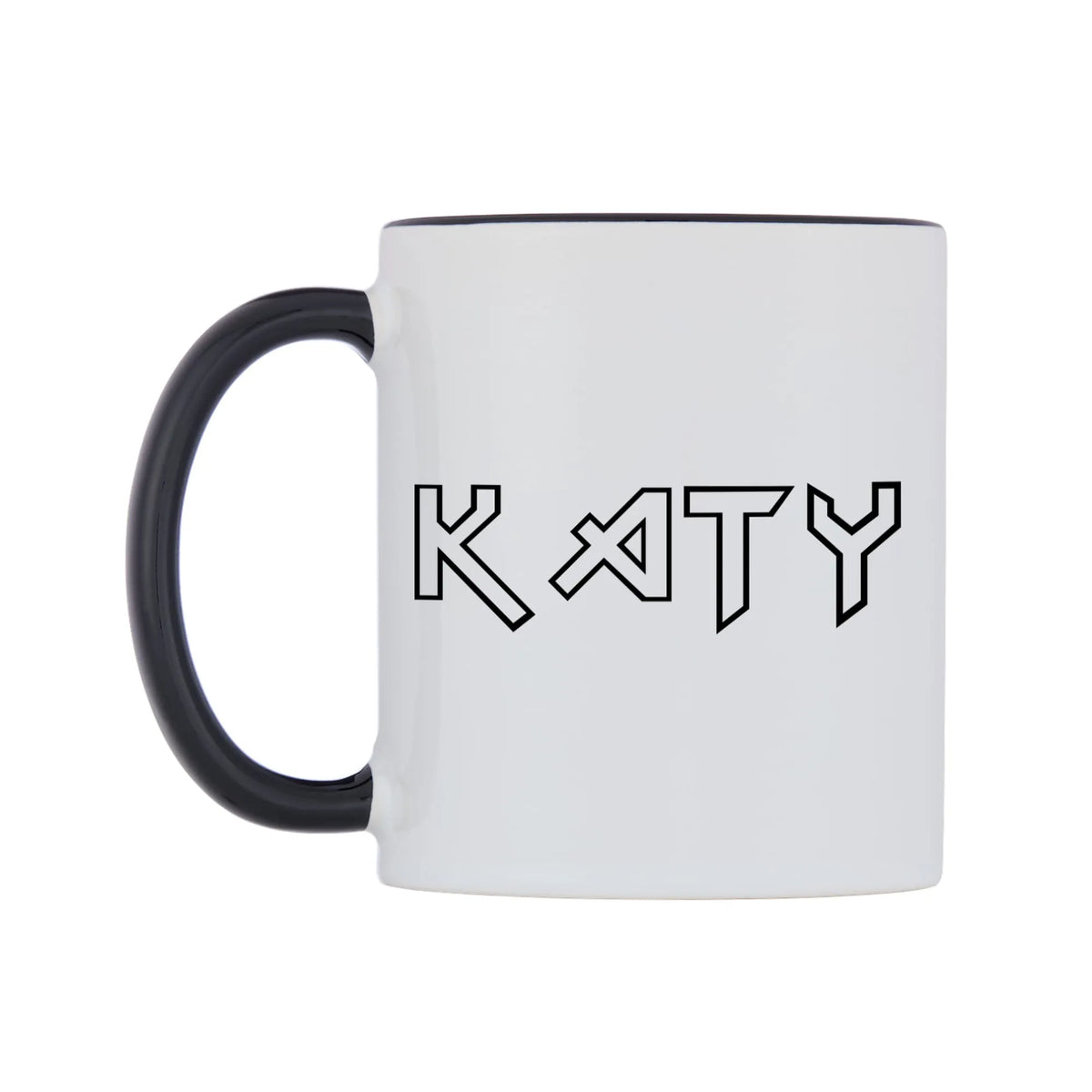 Katy - Iron Maiden Themed Mug — white 11oz gloss mug with a black inside and handle, right side, on a white background