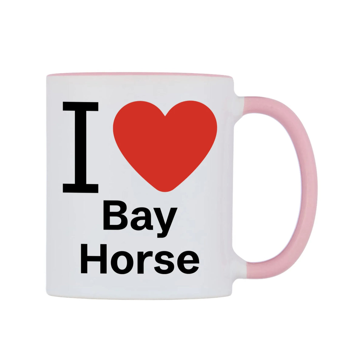 I Love Bay Horse Mug — white 11oz gloss mug with a pink inside and handle, left side, on a white background