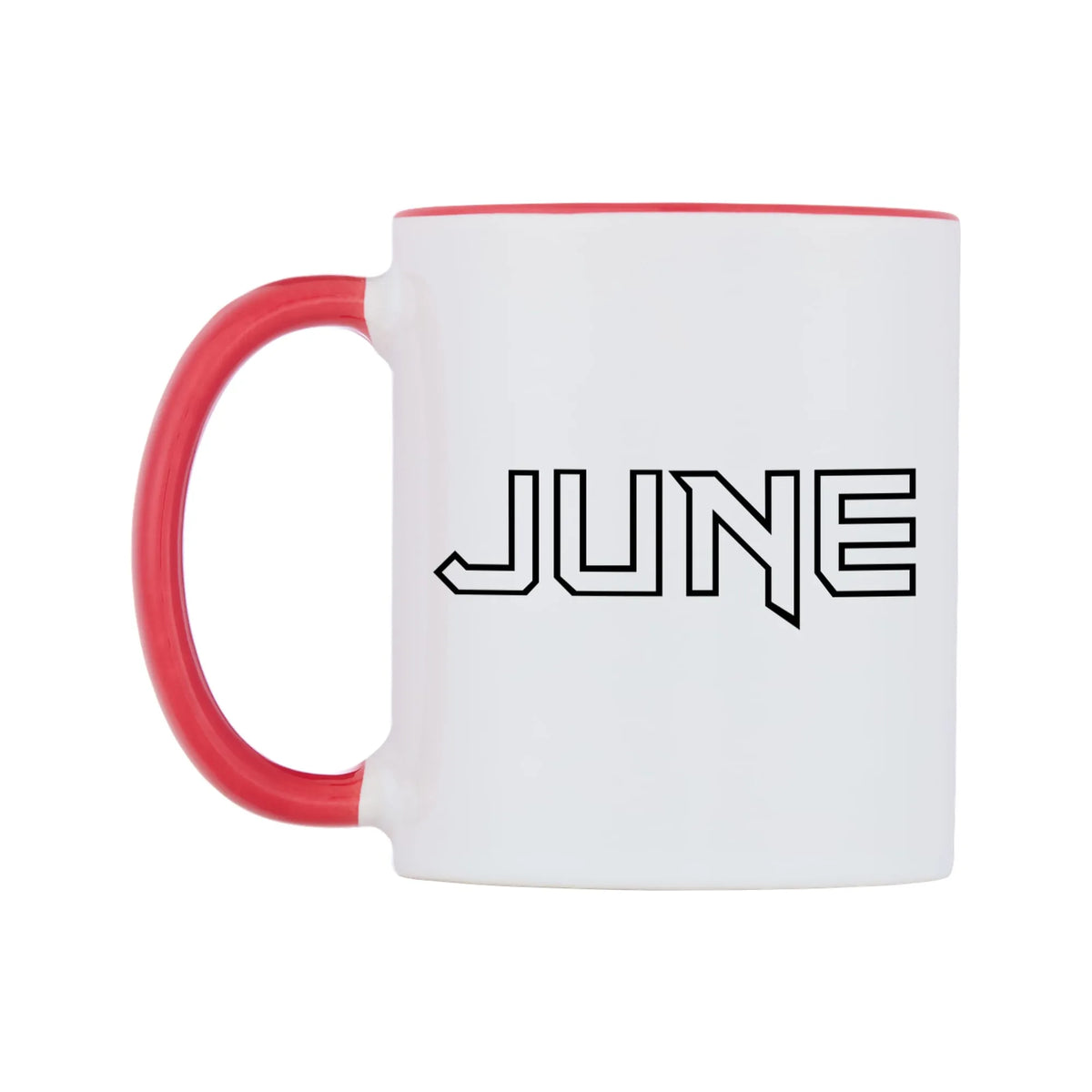 June - Iron Maiden Themed Mug — white 11oz gloss mug with a red inside and handle, right side, on a white background