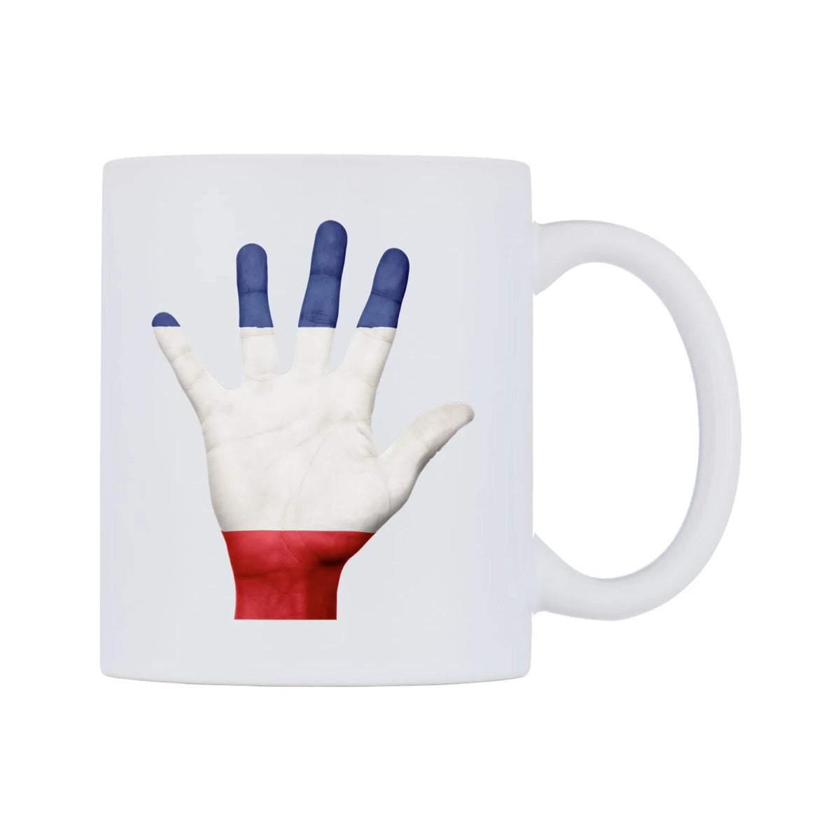 France Hand Flag Mug — white 11oz gloss mug, left side, on a white background