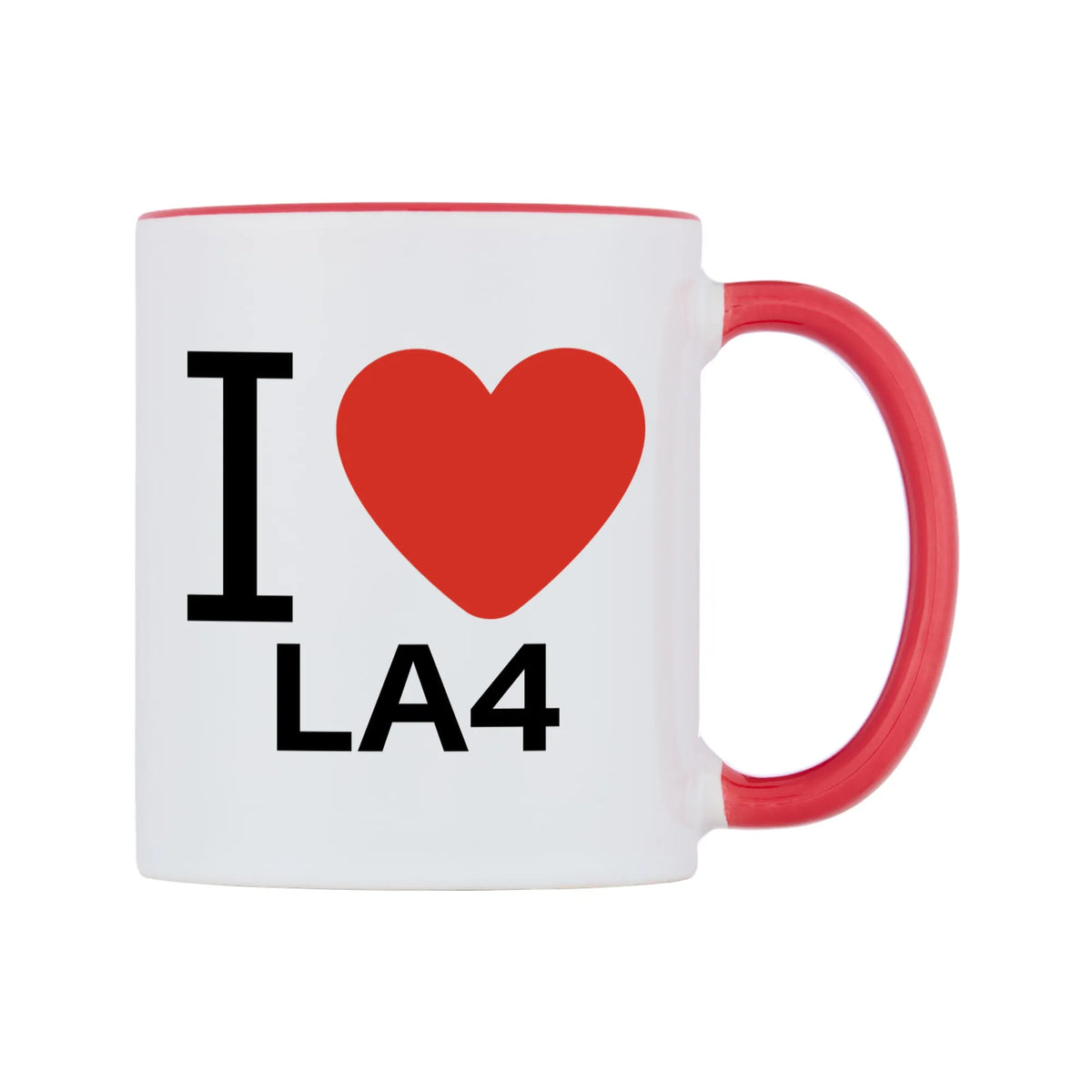 I Love LA4 Mug — white 11oz gloss mug with a red inside and handle, left side, on a white background