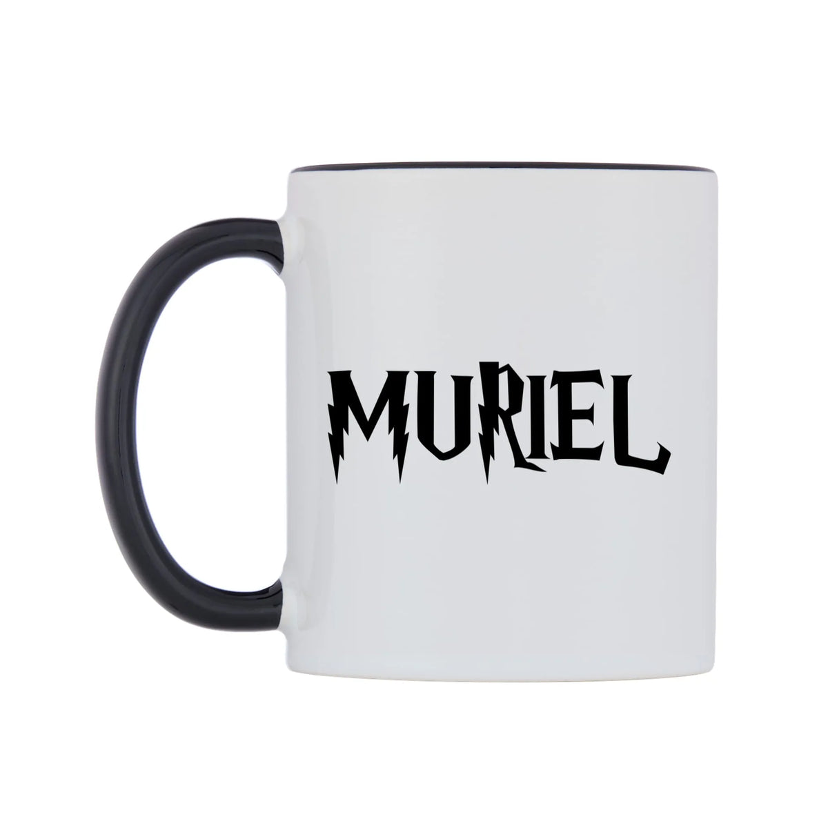 Muriel - Wizard Themed Mug — white 11oz gloss mug with a black inside and handle, right side, on a white background