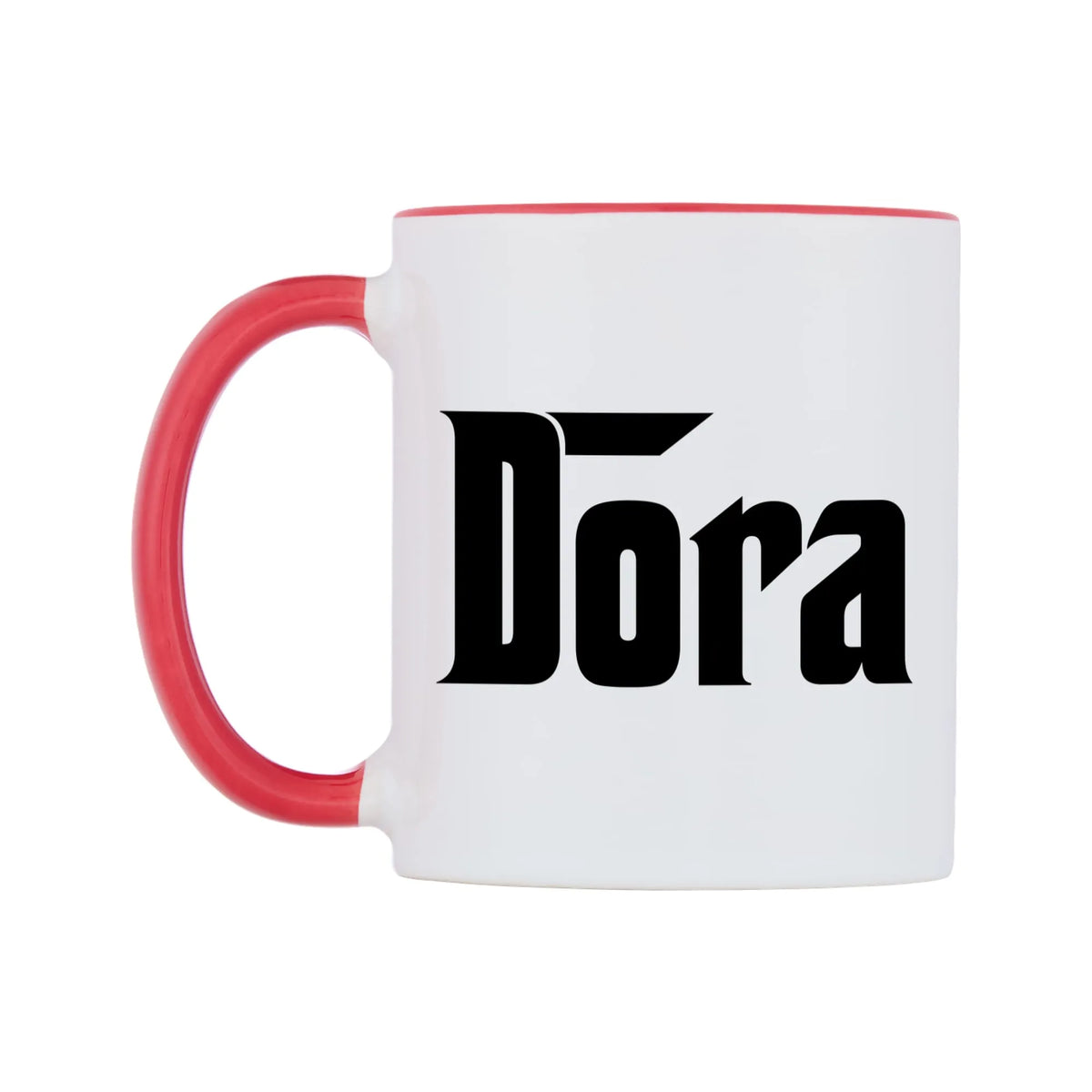 Dora - Godfather Themed Mug — white 11oz gloss mug with a red inside and handle, right side, on a white background