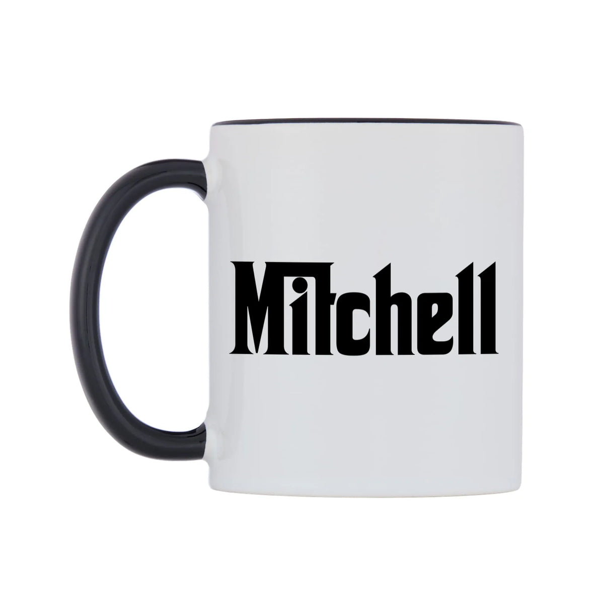 Mitchell - Godfather Themed Mug — white 11oz gloss mug with a black inside and handle, right side, on a white background