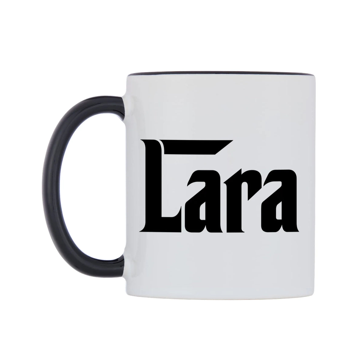 Lara - Godfather Themed Mug — white 11oz gloss mug with a black inside and handle, right side, on a white background