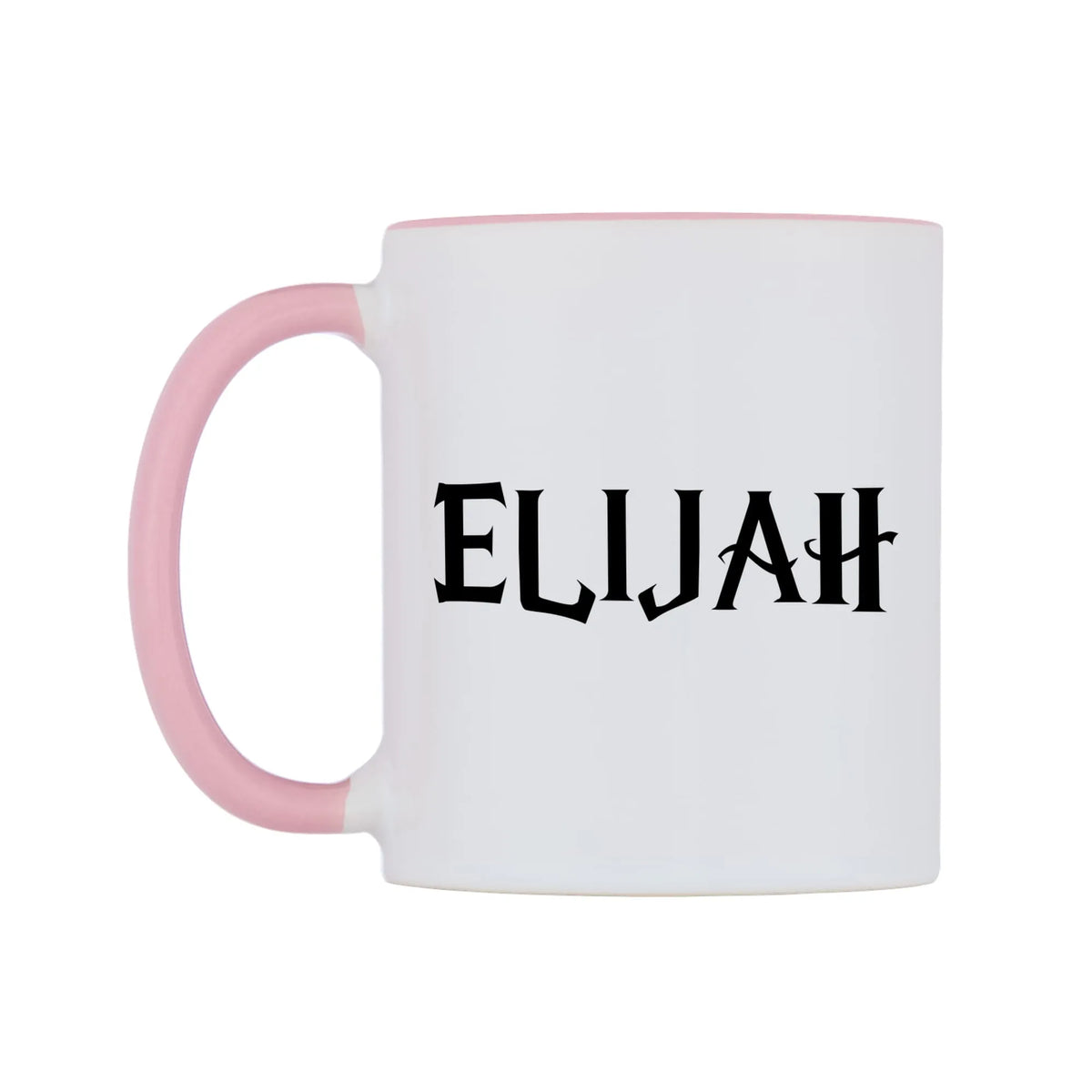 Elijah - Wizard Themed Mug — white 11oz gloss mug with a pink inside and handle, right side, on a white background