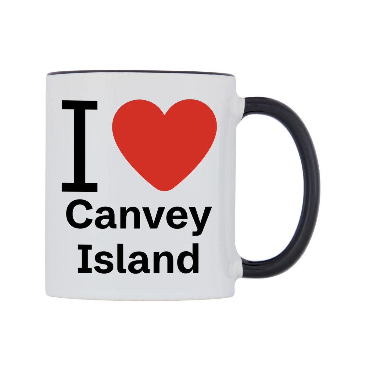 I Love Canvey Island Mug — white 11oz gloss mug with a black inside and handle, left side, on a white background