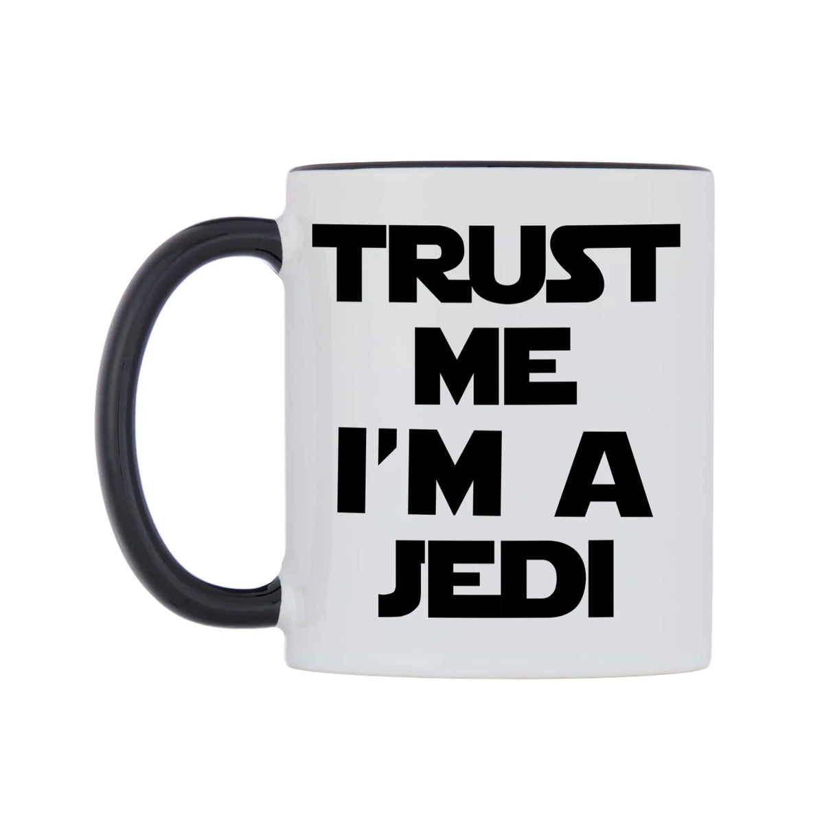 Trust me I'm a Jedi Mug — white 11oz gloss mug with a black inside and handle, right side, on a white background