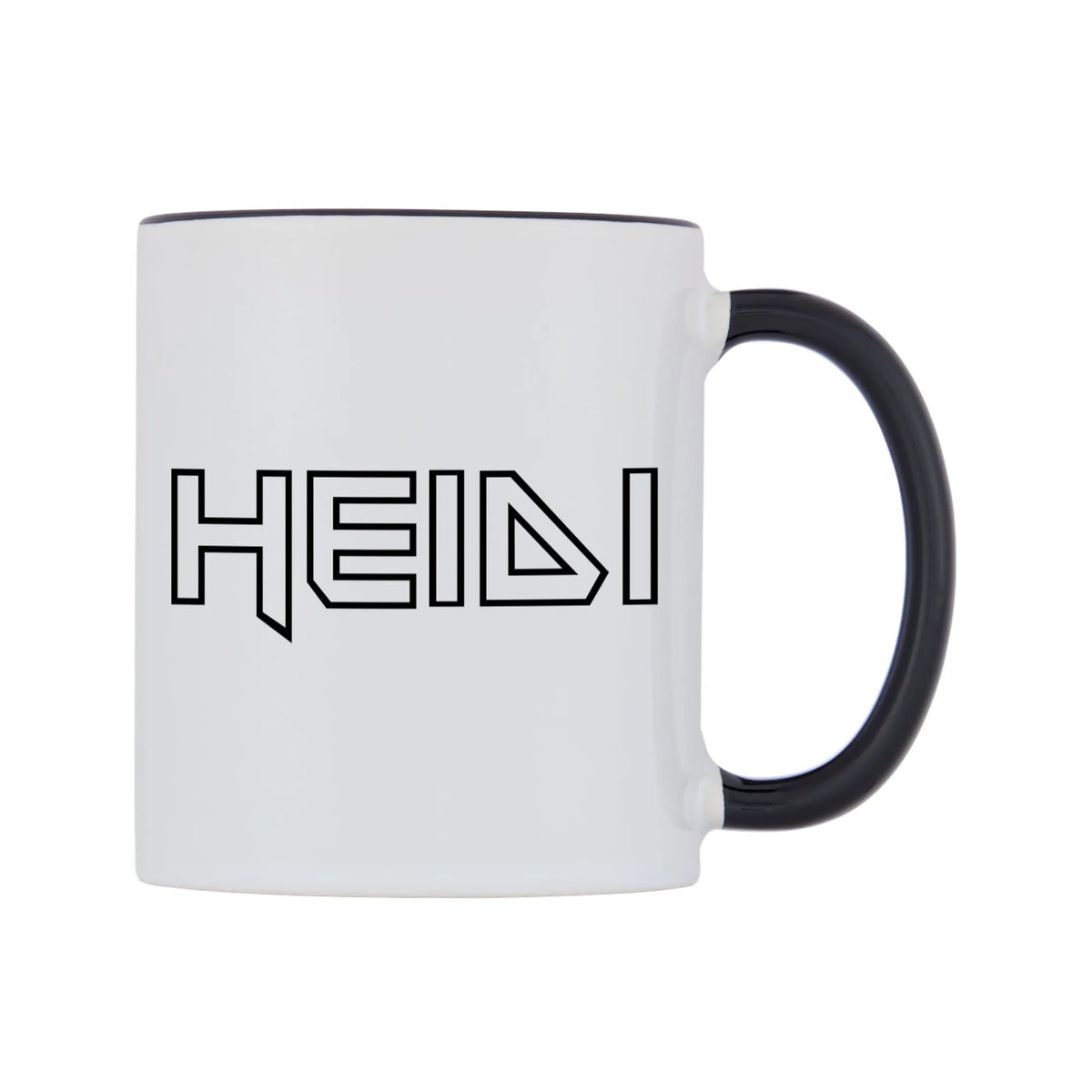 Heidi - Iron Maiden Themed Mug — white 11oz gloss mug with a black inside and handle, left side, on a white background