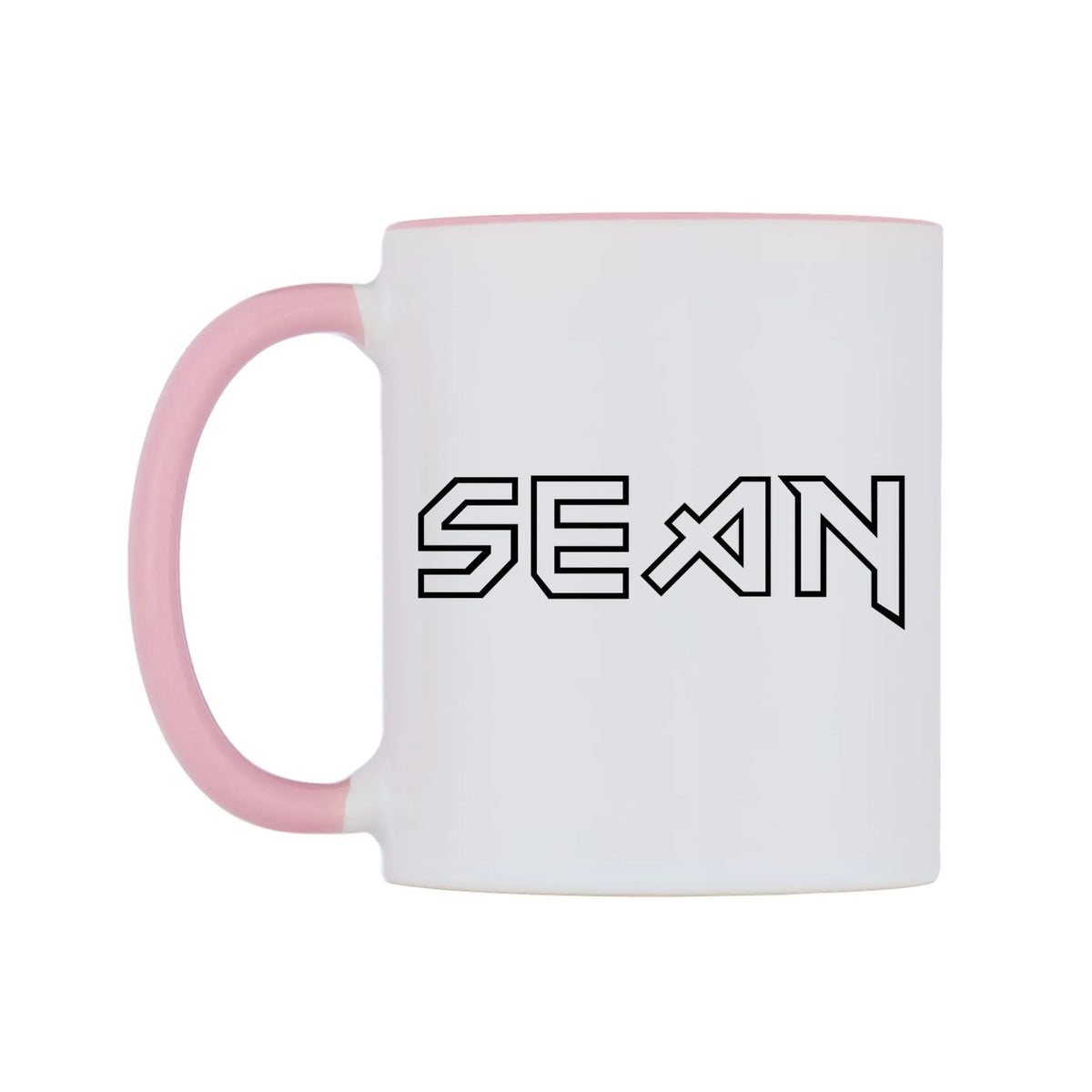 Sean - Iron Maiden Themed Mug — white 11oz gloss mug with a pink inside and handle, right side, on a white background