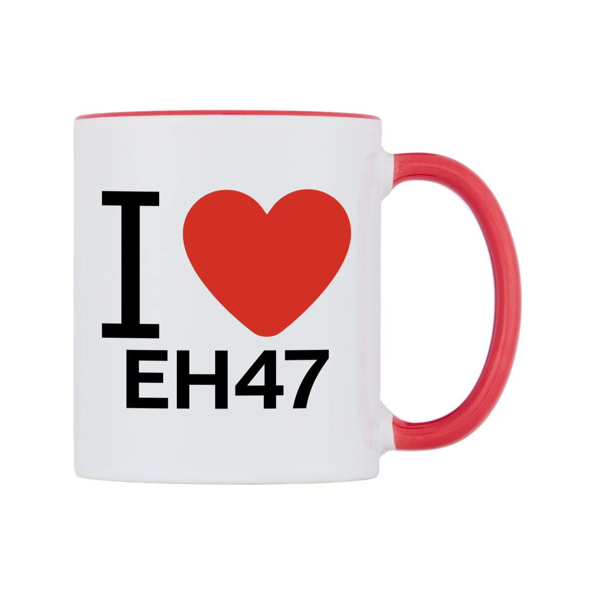 I Love EH47 Mug — white 11oz gloss mug with a red inside and handle, left side, on a white background