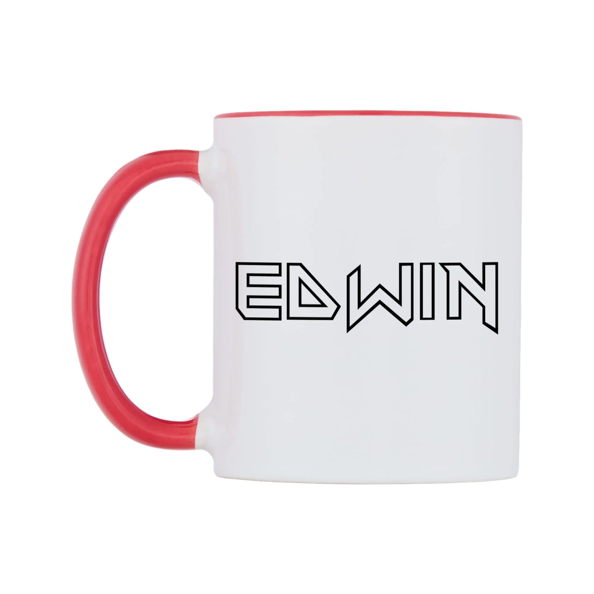 Edwin - Iron Maiden Themed Mug — white 11oz gloss mug with a red inside and handle, right side, on a white background