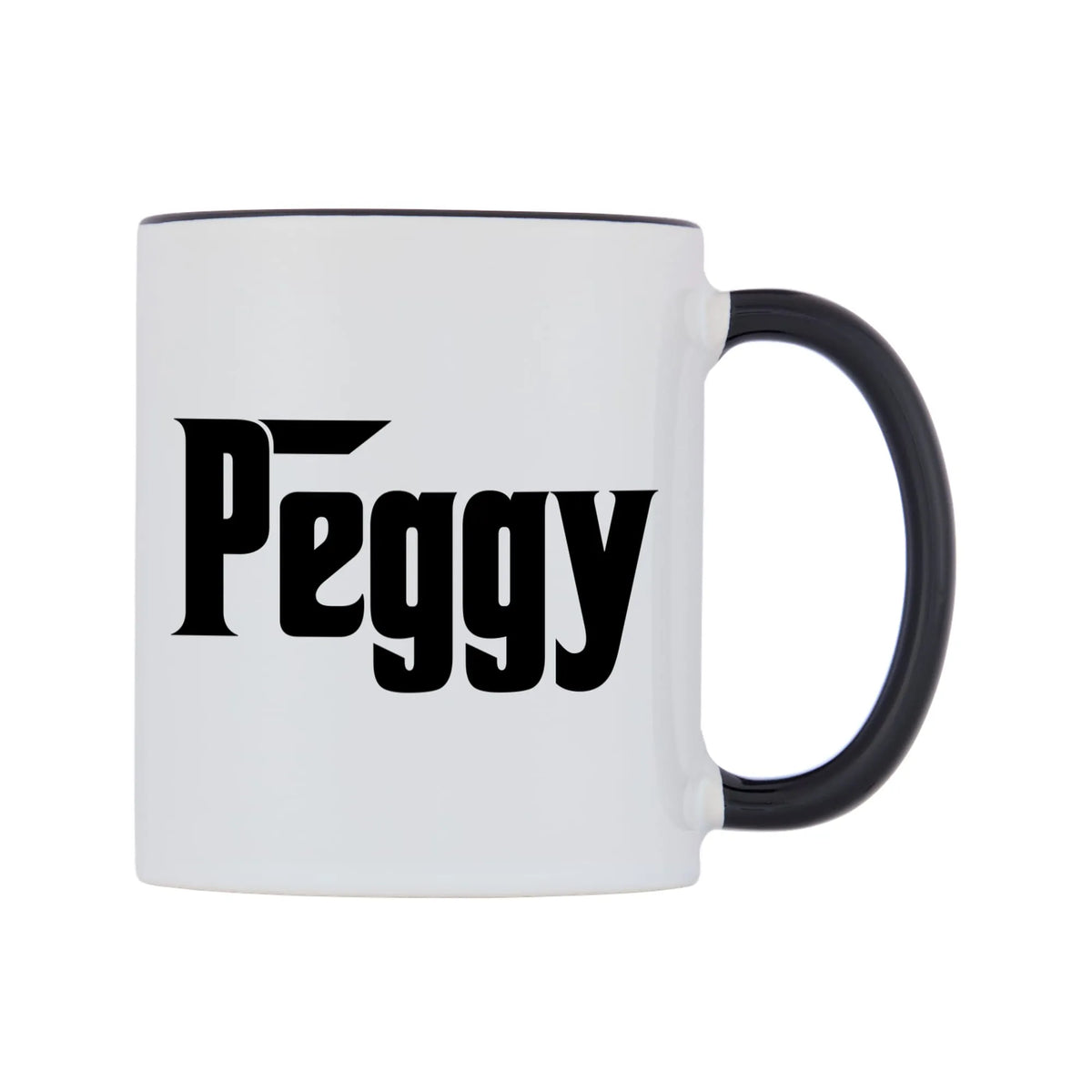 Peggy - Godfather Themed Mug — white 11oz gloss mug with a black inside and handle, left side, on a white background