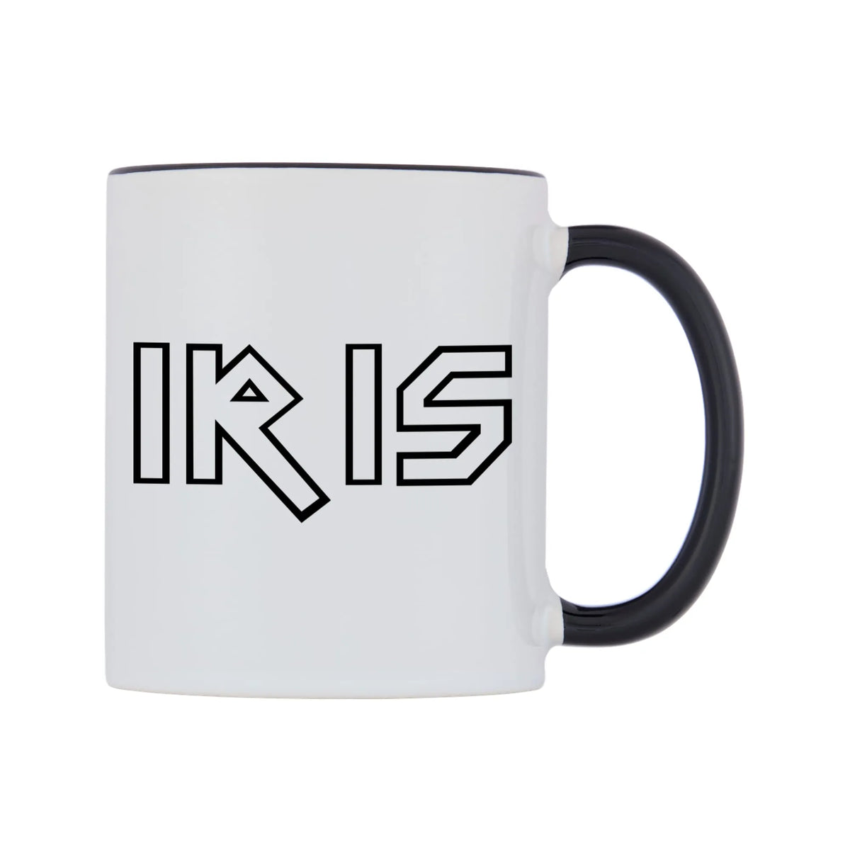 Iris - Iron Maiden Themed Mug — white 11oz gloss mug with a black inside and handle, left side, on a white background