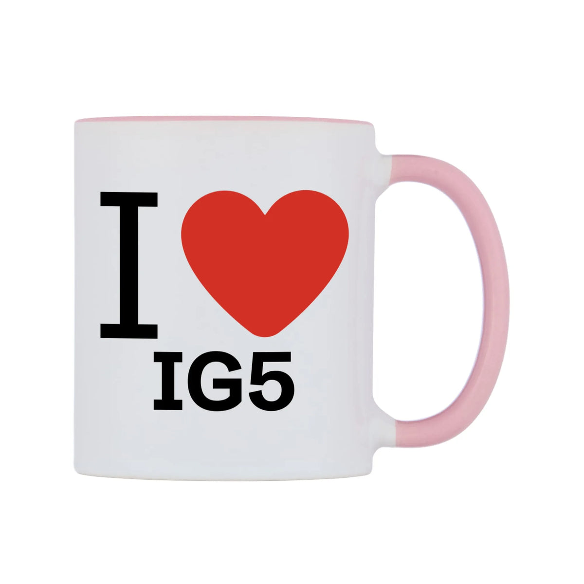 I Love IG5 Mug — white 11oz gloss mug with a pink inside and handle, left side, on a white background