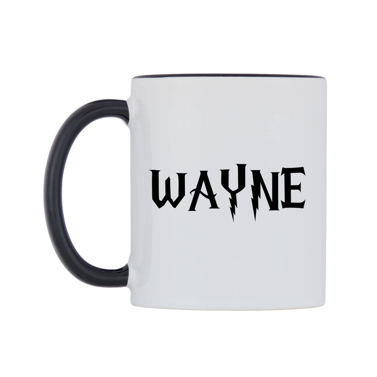 Wayne - Wizard Themed Mug — white 11oz gloss mug with a black inside and handle, right side, on a white background