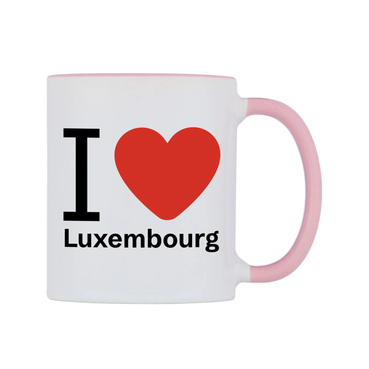 I Love Luxembourg Mug — white 11oz gloss mug with a pink inside and handle, left side, on a white background