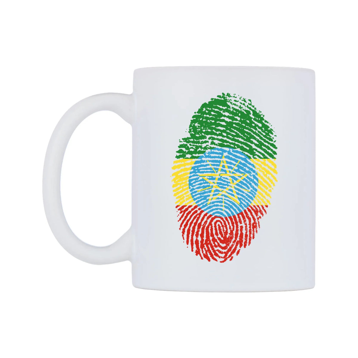 Ethiopia Finger Print Flag Mug — white 11oz gloss mug, right side, on a white background