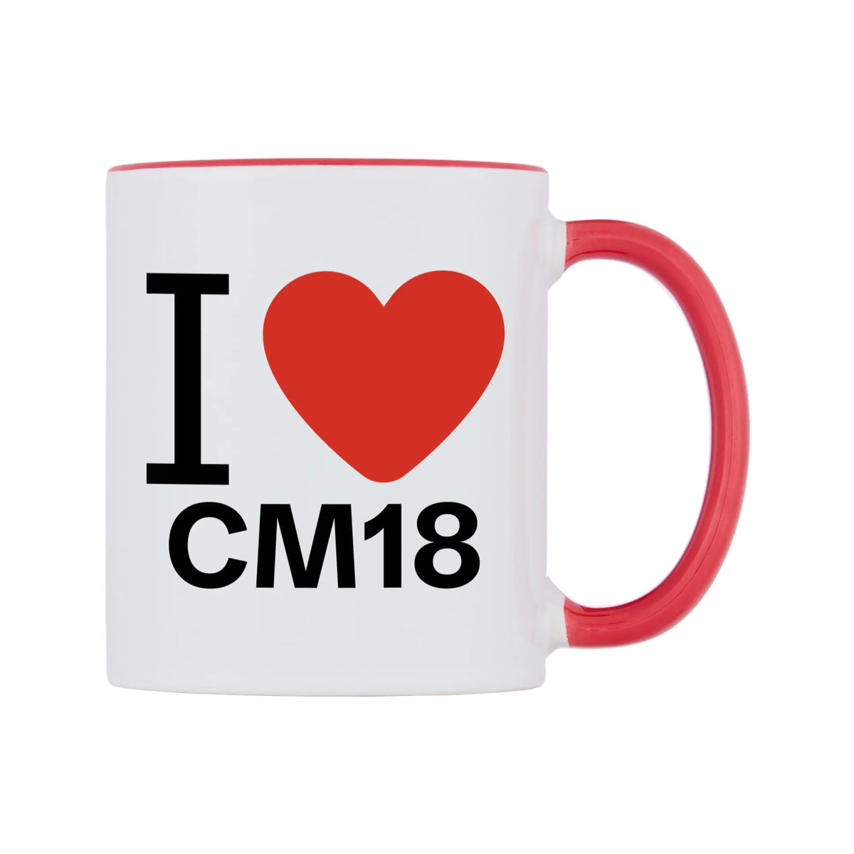 I Love CM18 Mug — white 11oz gloss mug with a red inside and handle, left side, on a white background
