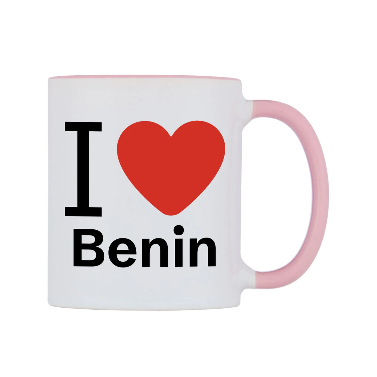I Love Benin Mug — white 11oz gloss mug with a pink inside and handle, left side, on a white background